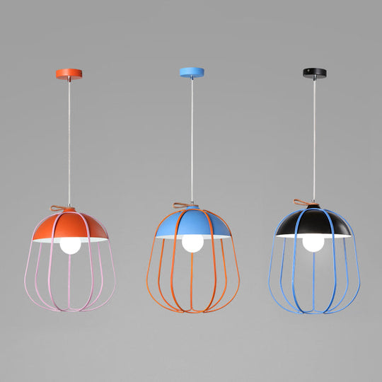 Nordic Single Pendant Light With Wire Guard In Black Blue Or Orange