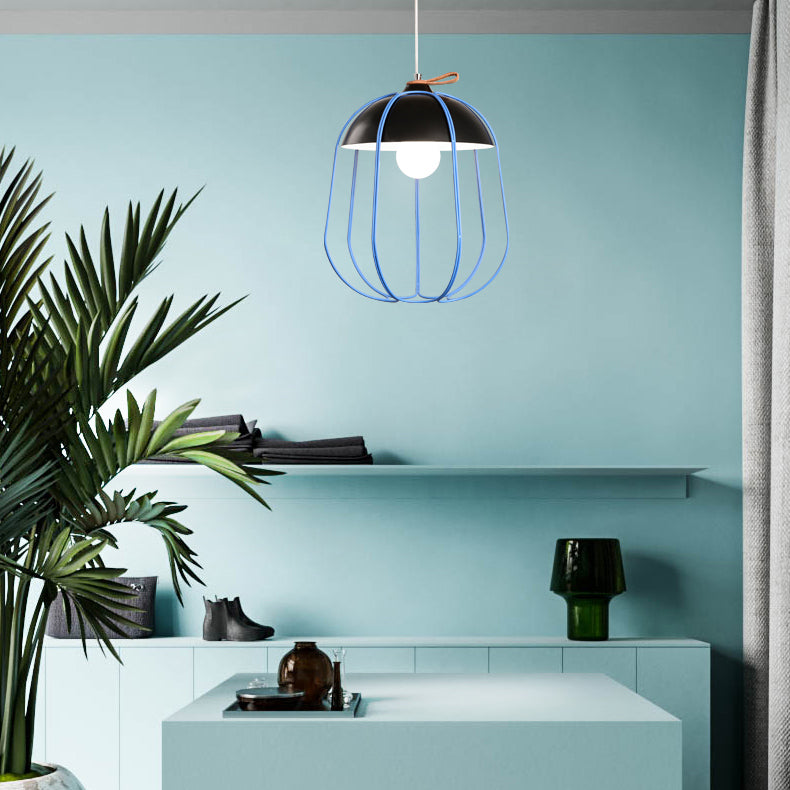 Nordic Metal Single Pendant Light In Black/Blue/Orange - Wire Guard Ceiling Hanging Lamp