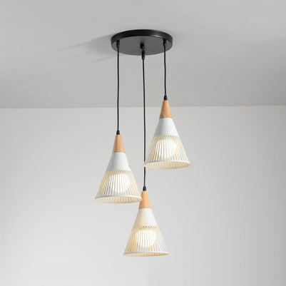 Wood Finish Pendant Light With Hollow Metal Cone Shade - Modern Hanging Lamp For Restaurants White /
