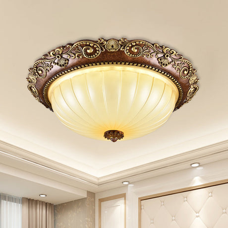 Ribbed Glass Ceiling Flush Foyer Led Mount Light In Brown - Traditional Bowl Design 14/16/19.5 Wide