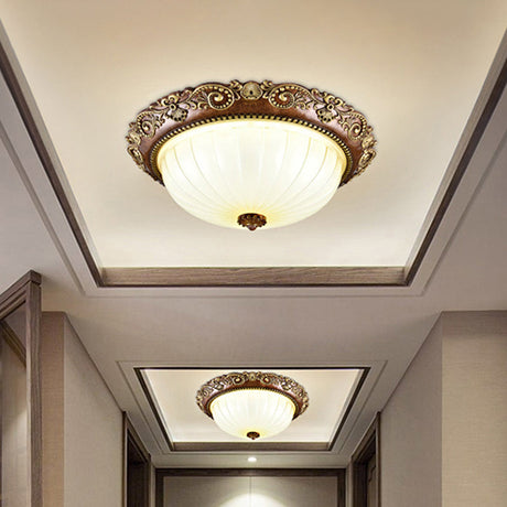 Ribbed Glass Ceiling Flush Foyer Led Mount Light In Brown - Traditional Bowl Design