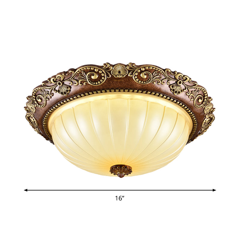 Ribbed Glass Ceiling Flush Foyer Led Mount Light In Brown - Traditional Bowl Design 14/16/19.5 Wide