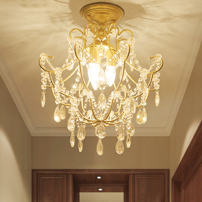 Contemporary Crystal 3 - Headed Gold Semi Flush Ceiling Light With Swooping Arms - Porch