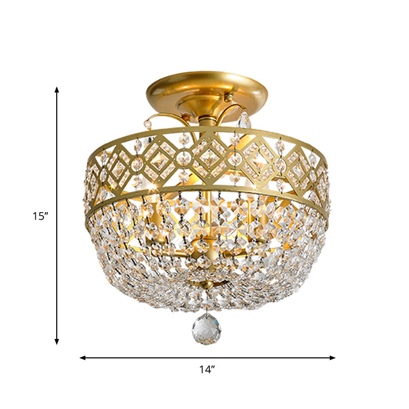 Contemporary Gold Light Fixture With Crystal Balls - 3 Heads Porch Semi - Flush Mount