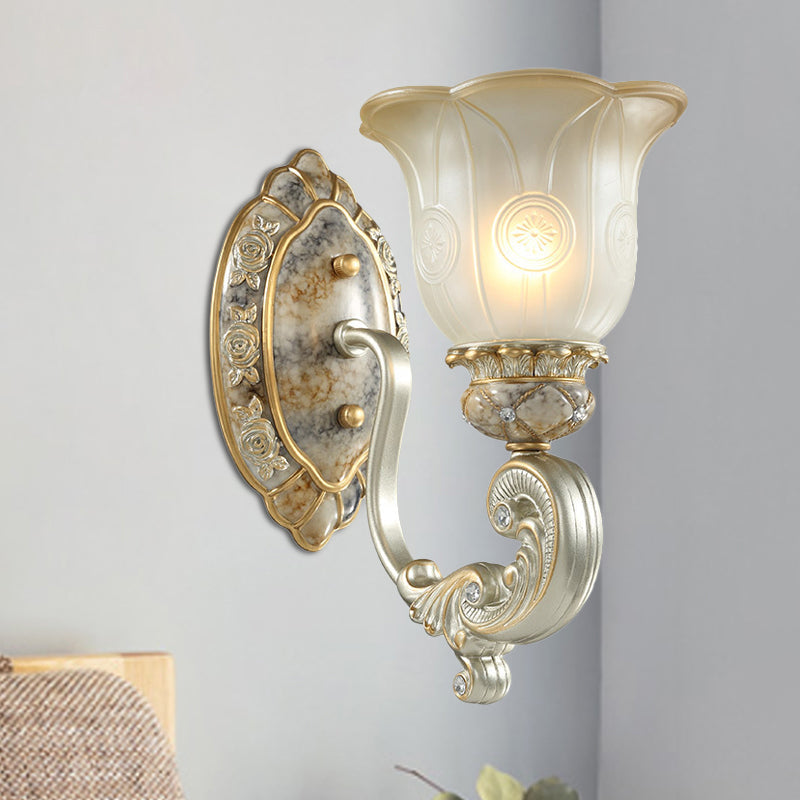 Classic Scalloped Wall Light Fixture With White Glass 1/2-Light Mount In Gold - Perfect For Bedrooms