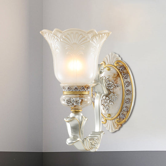 Vintage Floral Wall Lamp Kit With Frosted Glass Shade For Living Room Sconce Light In White-Gold