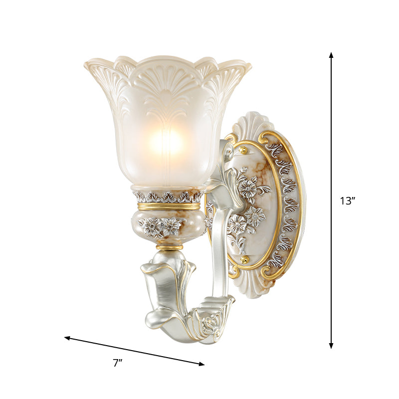Vintage Floral Wall Lamp Kit With Frosted Glass Shade For Living Room Sconce Light In White-Gold