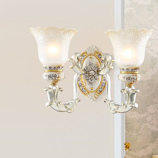 Vintage Floral Wall Lamp Kit With Frosted Glass Shade For Living Room Sconce Light In White-Gold 2 /