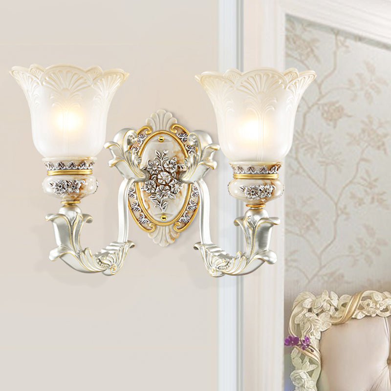 Vintage Floral Wall Lamp Kit With Frosted Glass Shade For Living Room Sconce Light In White-Gold