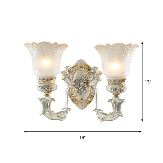 Vintage Floral Wall Lamp Kit With Frosted Glass Shade For Living Room Sconce Light In White-Gold