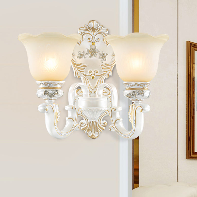 Classic Scalloped-Trim Wall Light With Frosted Glass - White-Gold Finish 2 /
