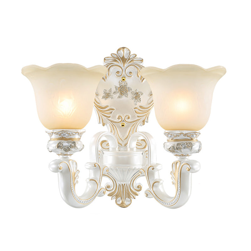 Classic Scalloped-Trim Wall Light With Frosted Glass - White-Gold Finish