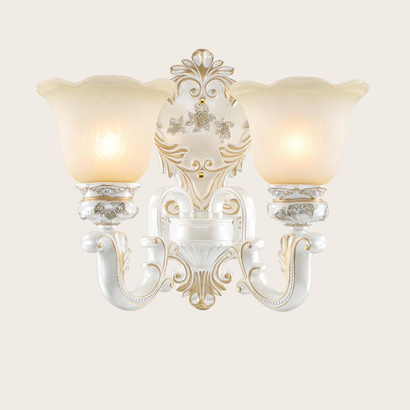 Classic Scalloped-Trim Wall Light With Frosted Glass - White-Gold Finish
