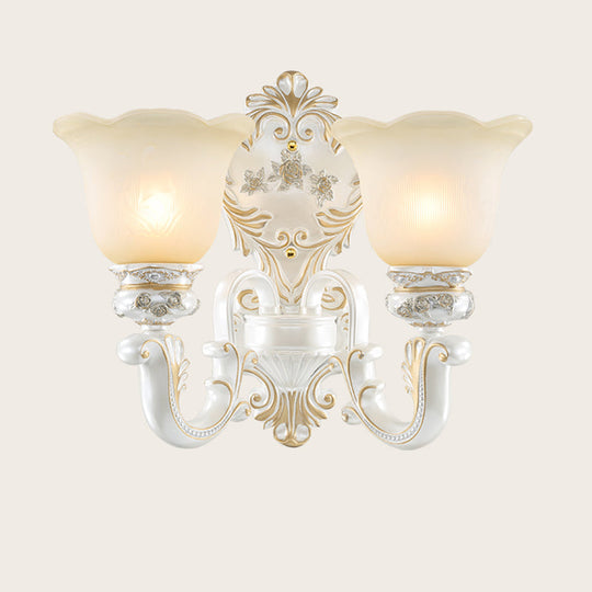 Classic Scalloped-Trim Wall Light With Frosted Glass - White-Gold Finish