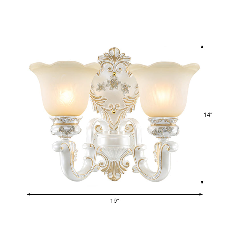 Classic Scalloped-Trim Wall Light With Frosted Glass - White-Gold Finish