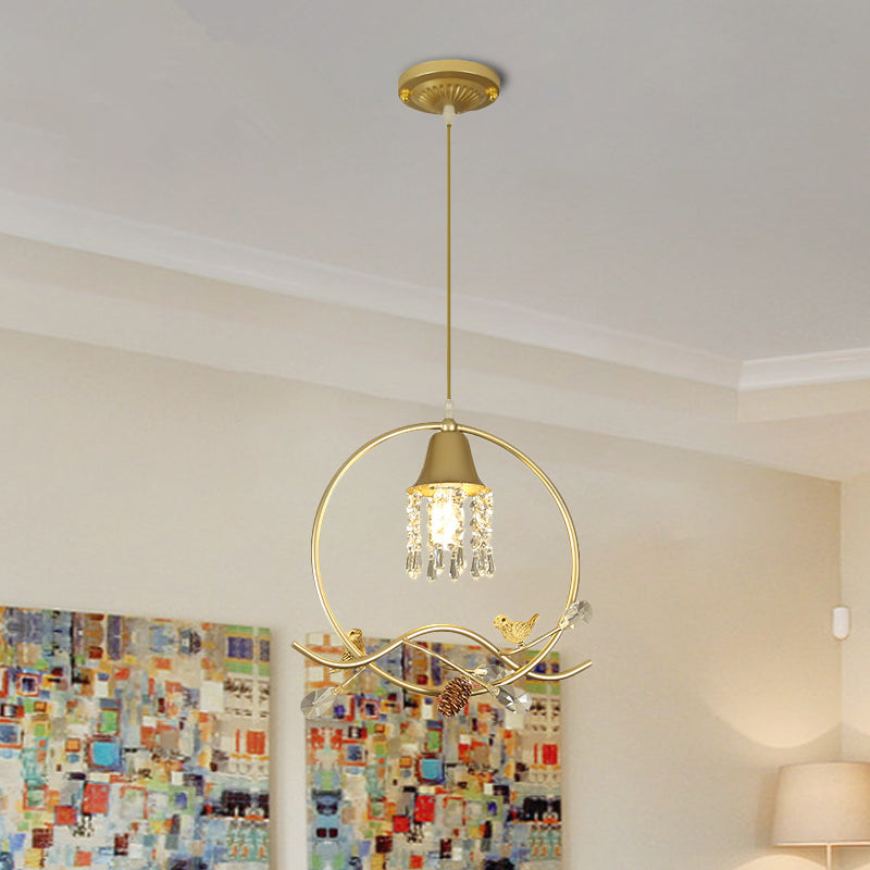 Modern Gold Bird And Flower Crystal Suspension Light With 1 Bulb /