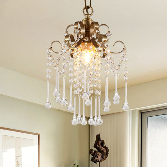 Modern Crystal Beads Pendant Ceiling Lamp - Gold Curved Design 1 Bulb Suspension For Bedchamber