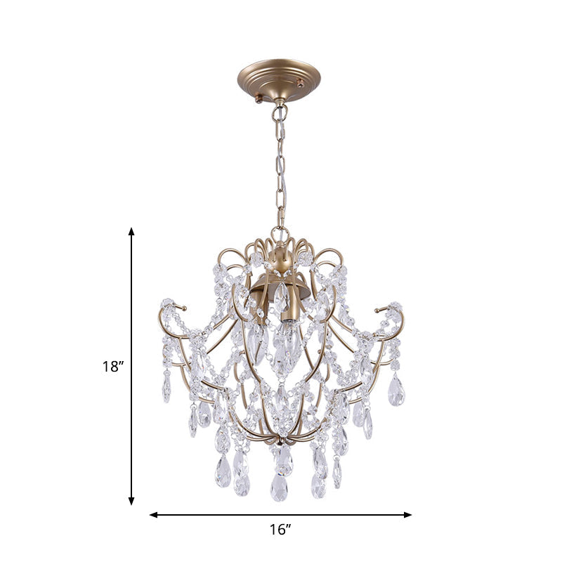 Contemporary Gold Crystal Chandelier With 3 Curved Arms - Suspension Lighting For Living Room