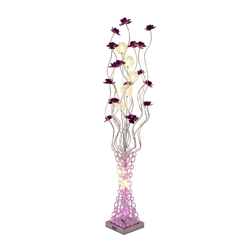 Metal Purple Floral Led Floor Reading Lamp With Hollowed Trapezoid Base - Standing Light Tree Branch
