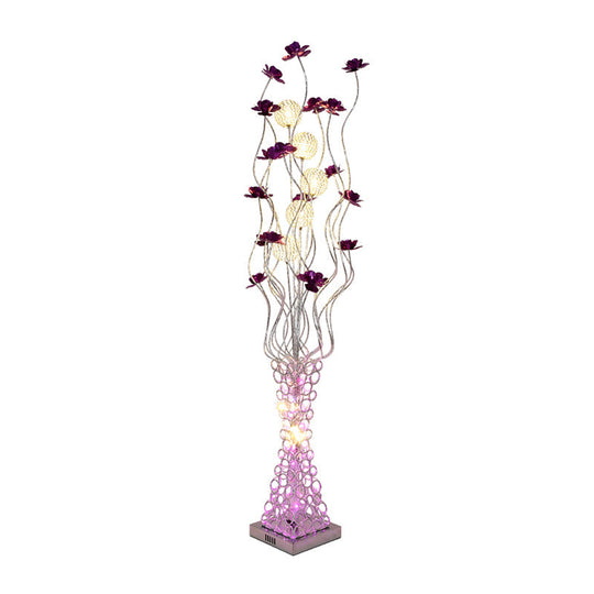 Metal Purple Floral Led Floor Reading Lamp With Hollowed Trapezoid Base - Standing Light Tree Branch