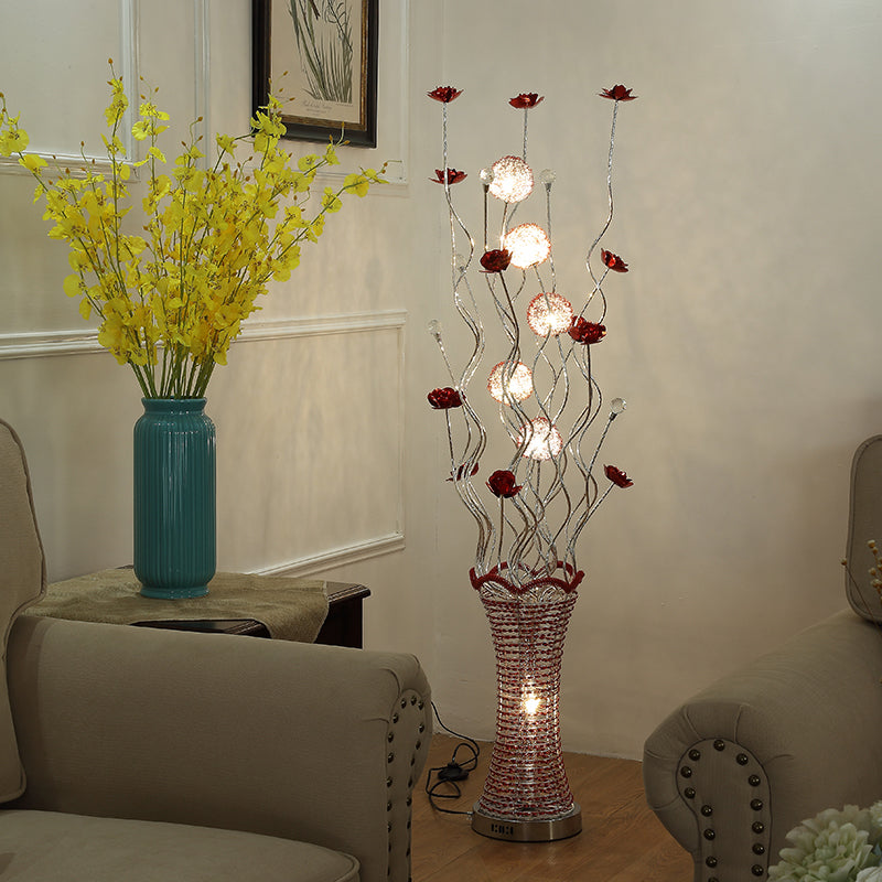 Stylish Led Vine Floor Lamp In Red - Pleated Vase Design Aluminum Construction Perfect For Reading