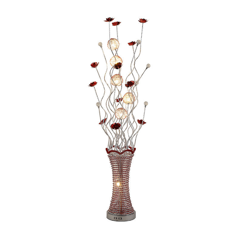 Stylish Led Vine Floor Lamp In Red - Pleated Vase Design Aluminum Construction Perfect For Reading