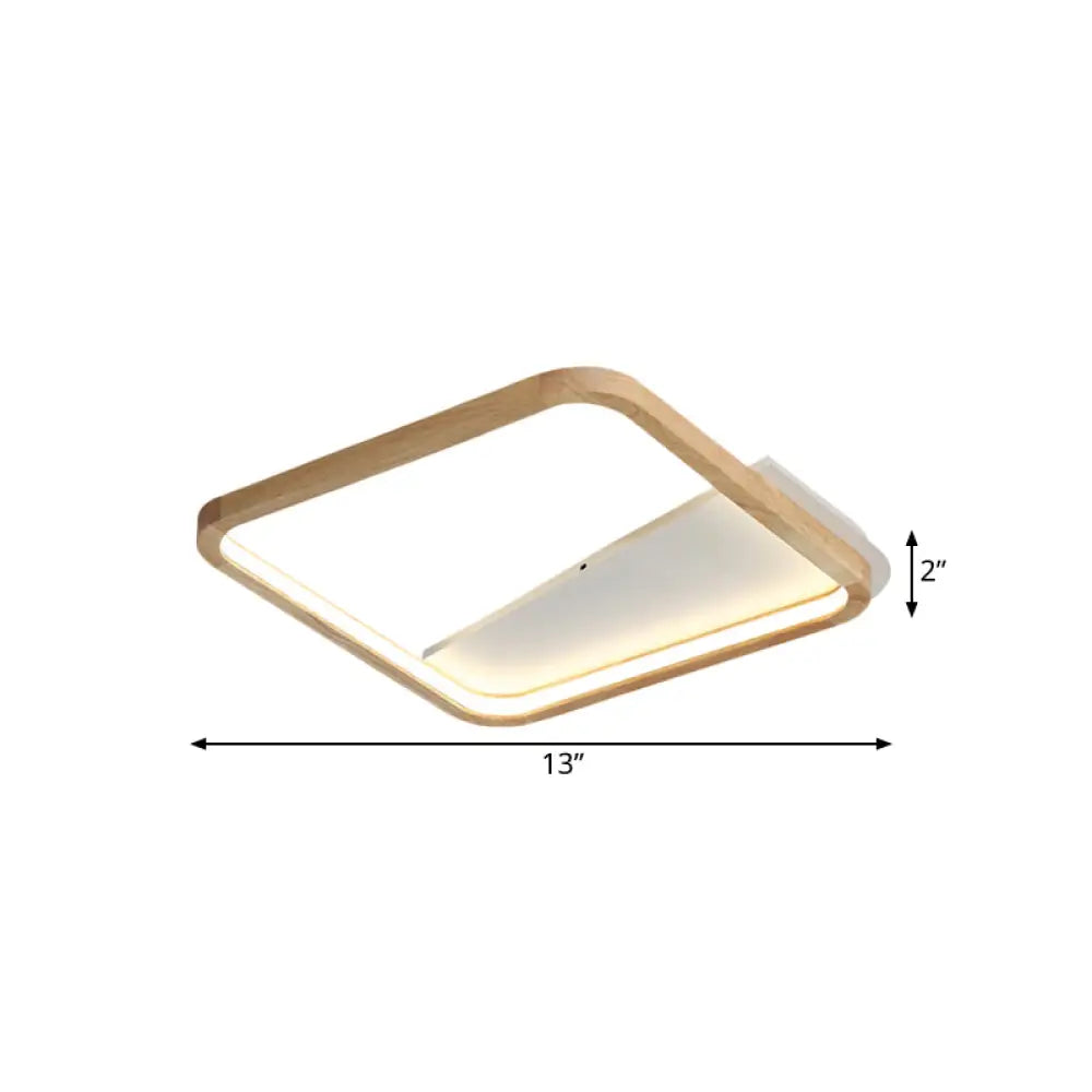 13/17 Wide Beige Flush Mount Led Ceiling Light With Wood Frame - Simple Bedroom Fixture