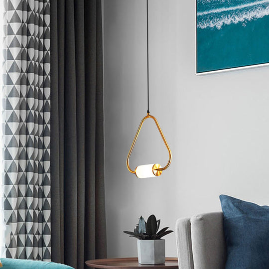 Minimalistic Led Pendant Light With White Glass Cylinder Shade - Brass Triangle/Round/Square Ceiling