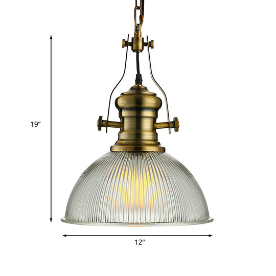 Industrial Dome Pendant Light - 12’/15’ Wide Ribbed Glass Brass Dining Room