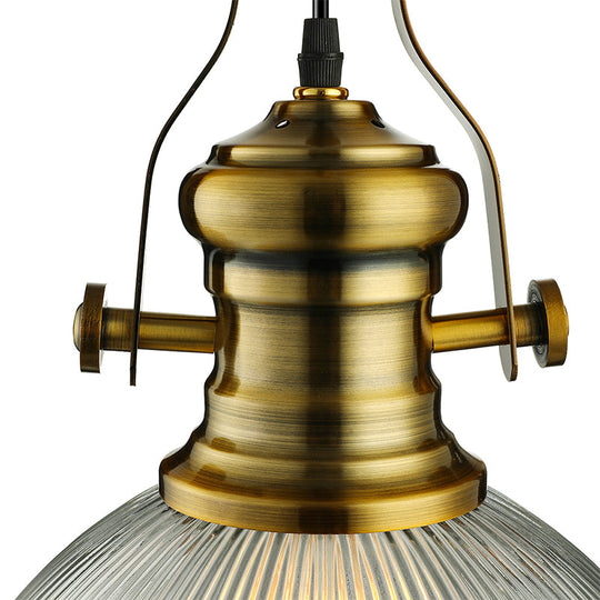 Industrial Dome Pendant Light - 12’/15’ Wide Ribbed Glass Brass Dining Room
