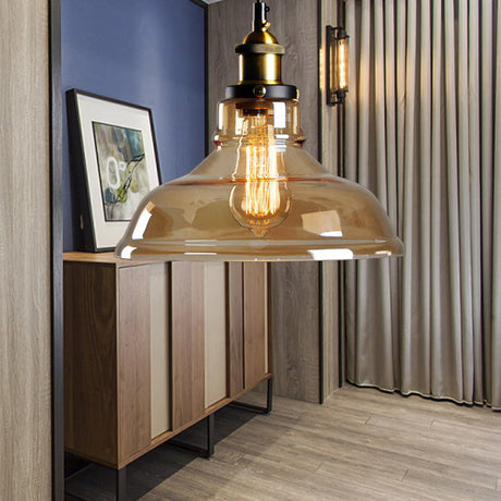 Industrial Dome Pendant Light - Single-Bulb Brass Hanging Lamp With Brown/Clear Glass