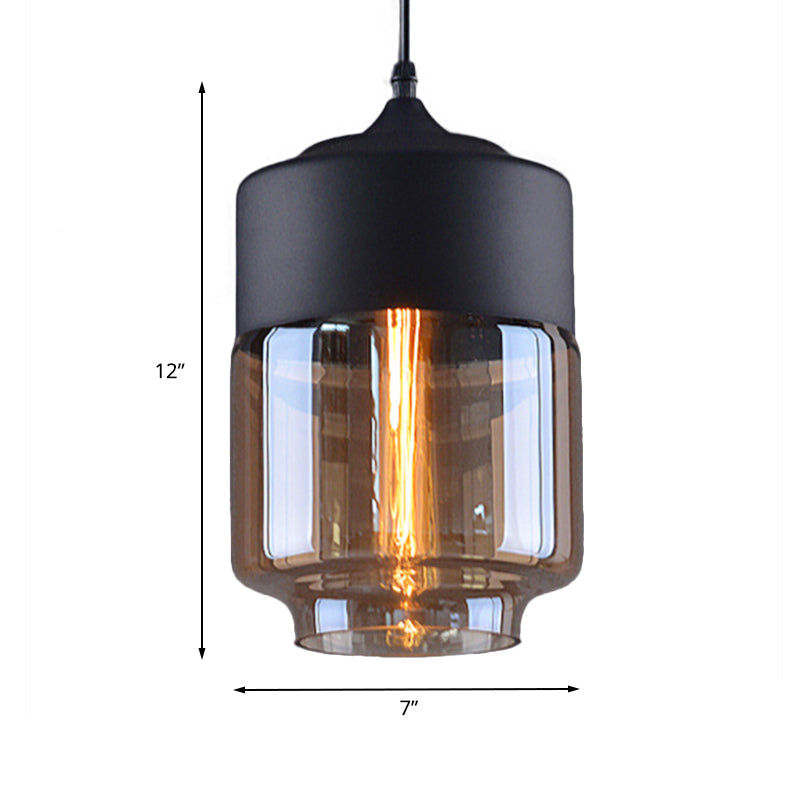 Industrial Cylinder Pendant Light With Brown Glass Shade - 1-Light Hanging Ceiling Fixture In Black