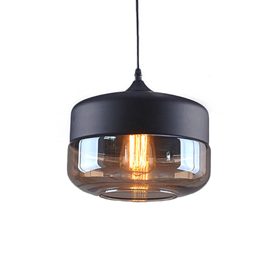 Industrial Cylinder Pendant Light With Brown Glass Shade - 1-Light Hanging Ceiling Fixture In Black