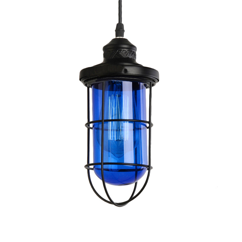 Vintage Black Single-Bulb Pendant Ceiling Light Fixture With Yellow/Green/Clear Glass Cage For