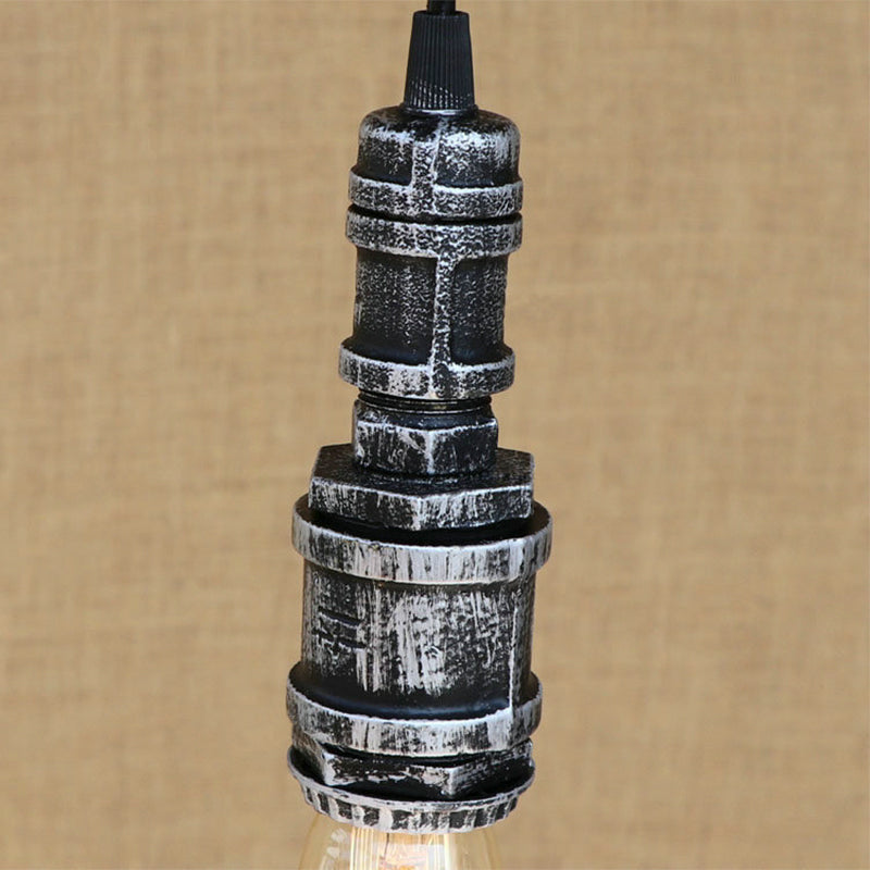 Rustic Black/Silver Wrought Iron Bare Bulb Hanging Light Fixture With Pipe - Bathroom Ceiling