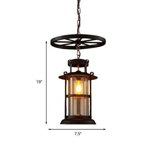 Farmhouse Black Single Light Pendant Ceiling With Clear Glass Cylinder And Iron Wheel Fixture