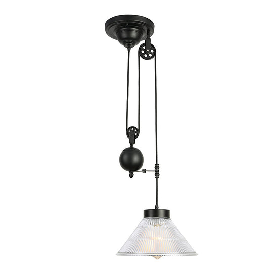 Industrial Black Cone Pendant Lighting With Prismatic Glass - Dining Room Ceiling Fixture
