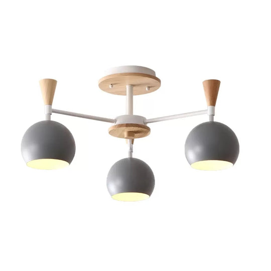 Nordic Style Wood And Metal Ceiling Light 3-Light Semi Flush Mount With Orb Shade For Kids Bedroom
