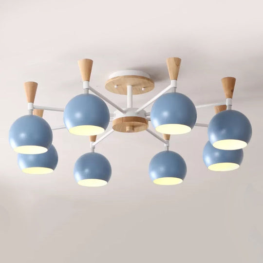 Nordic Style Wood And Metal Ceiling Light 3-Light Semi Flush Mount With Orb Shade For Kids Bedroom