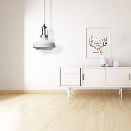 Industrial Metallic Pendant Light With Adjustable Cord - Black/White Bowl Shade 1-Light For Living