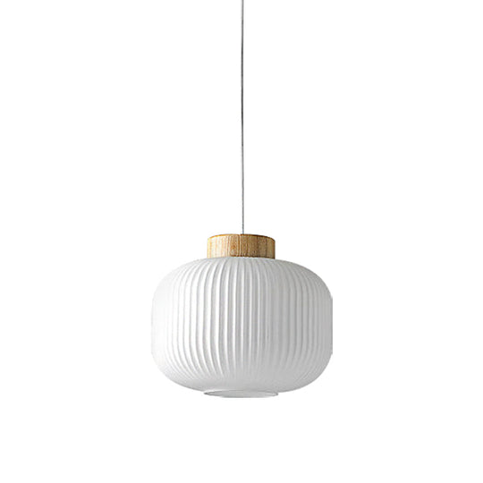 Modern 1-Light Milk Glass Ribbed Cylinder Pendant Light For Restaurants - 5.5 8 12 Diameter White