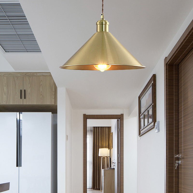 Industrial Cone Metal Hanging Light Fixture With Adjustable Brass Cord - 7’/9.5’ W Ideal For