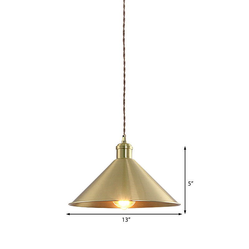 Industrial Cone Metal Hanging Light Fixture With Adjustable Brass Cord - 7’/9.5’ W Ideal For