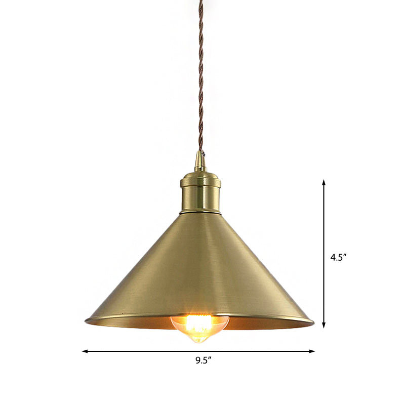 Industrial Cone Metal Hanging Light Fixture With Adjustable Brass Cord - 7’/9.5’ W Ideal For