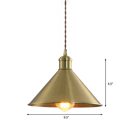 Industrial Cone Metal Hanging Light Fixture With Adjustable Brass Cord - 7’/9.5’ W Ideal For