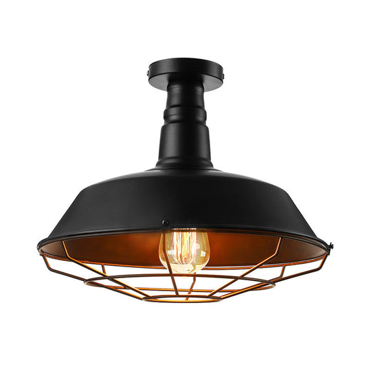 Black Vintage Metal Cage Ceiling Light Semi Flush Mount Indoor 1-Head Lighting With Barn Shade -
