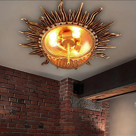Industrial Sunburst Brass Clear Glass Ceiling Mount Flush Fixture - Perfect For Living Room