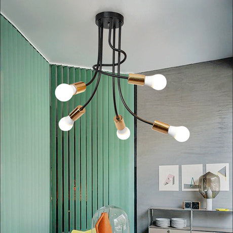 Vintage Bare Bulb Ceiling Light - Black/Gold Metallic Semi Flush With Curved Arm For Bedroom