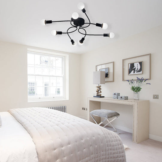 Vintage Style Twisted Arm 8-Light Semi Flush Mount Ceiling Light In Black/White For Living Room