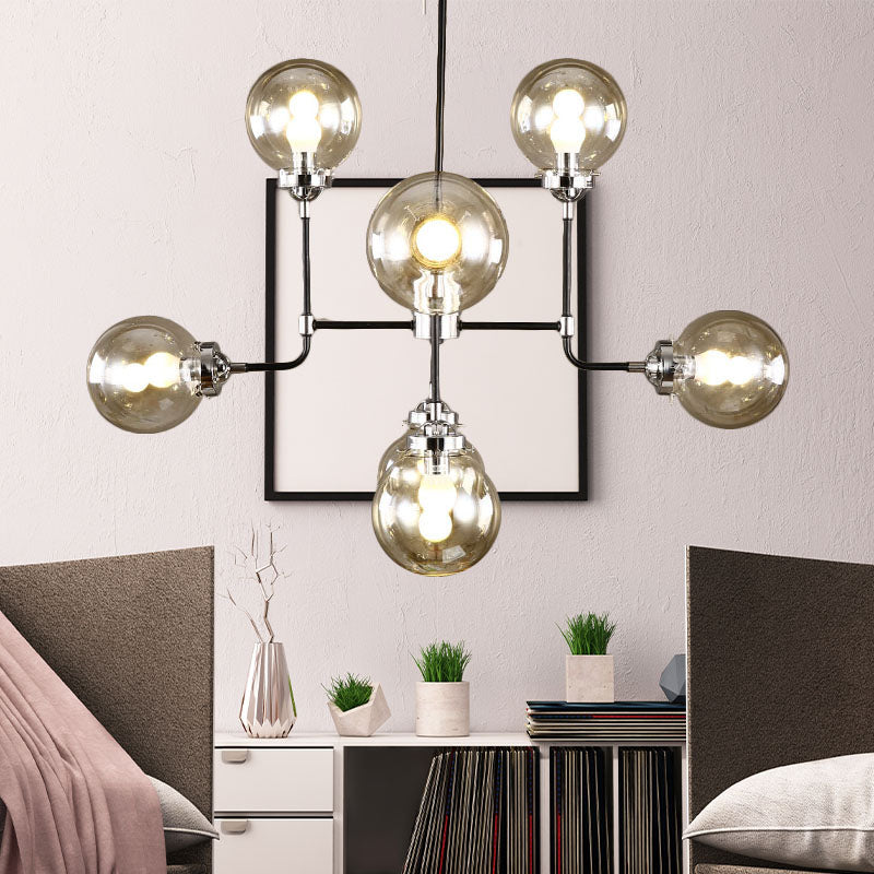 Modern Black Chrome Glass Globe Chandelier Pendant Light - Industrial Style 8/9 Lights For Living